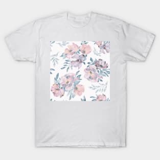 Watercolor of pink and purple flowers with blue leaves T-Shirt